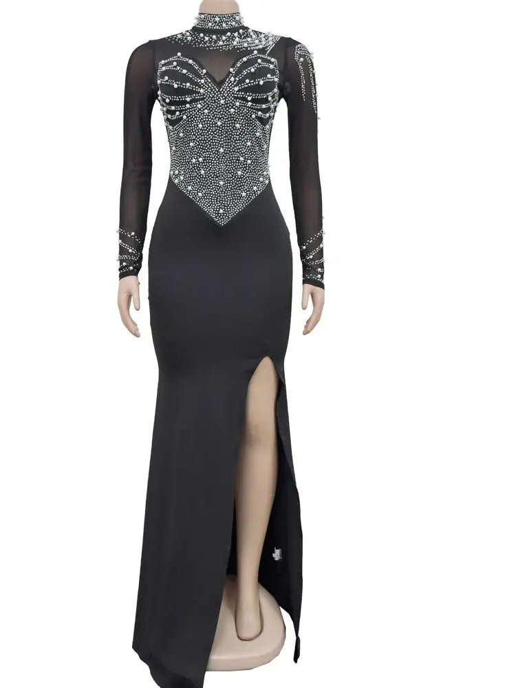 Women’s crystal embellished long party dress with high slit, long sleeves and elegant glam style for evening events