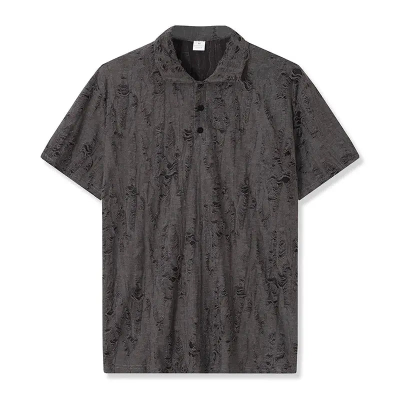Front view of charcoal gray men’s short sleeve T-shirt with buttoned V-neck and distressed texture, perfect for summer outfits.