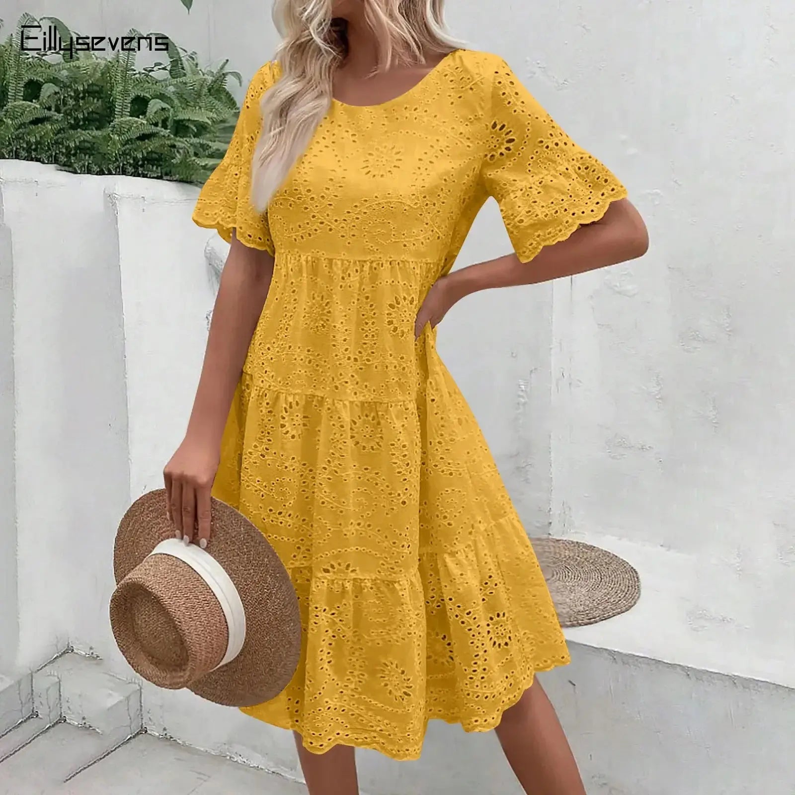 Women’s boho white lace dress, casual short sleeve sundress with pleats and hollow-out details