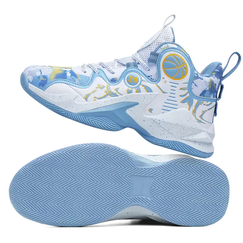 Side and sole view of men's non-slip breathable basketball shoes in blue graffiti design, ideal for hard court and concrete surfaces.