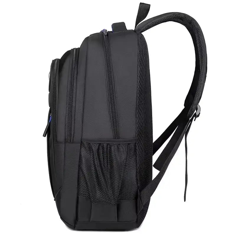 Side view of men’s waterproof Oxford backpack with mesh pockets, designed for daily commute, business, or student use.