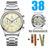 38mm chronograph watch without gooseneck, metal strap