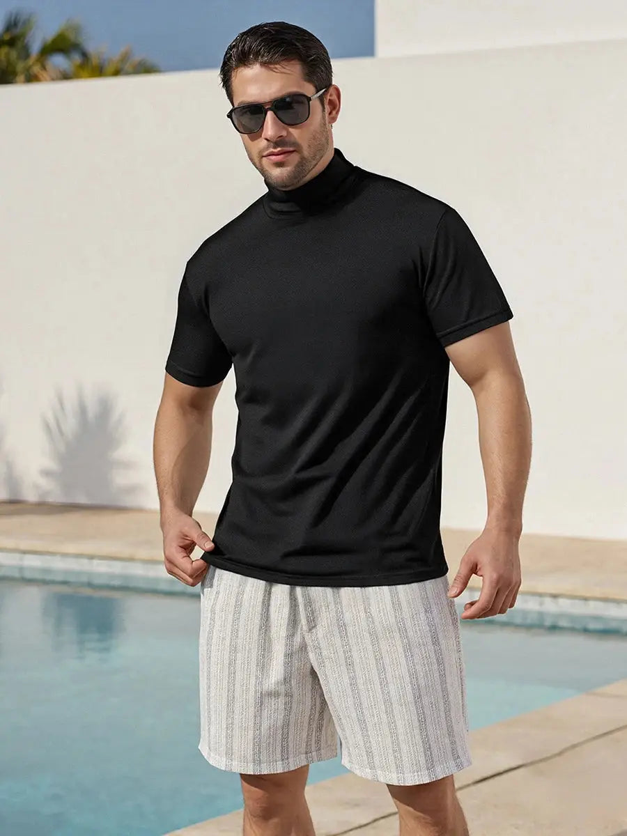 Men’s Casual High-Neck T-Shirt – Solid Color Short Sleeve Basic Tee for Summer Everyday Wear