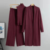 Burgundy women's 3-piece knitted cardigan and pants set