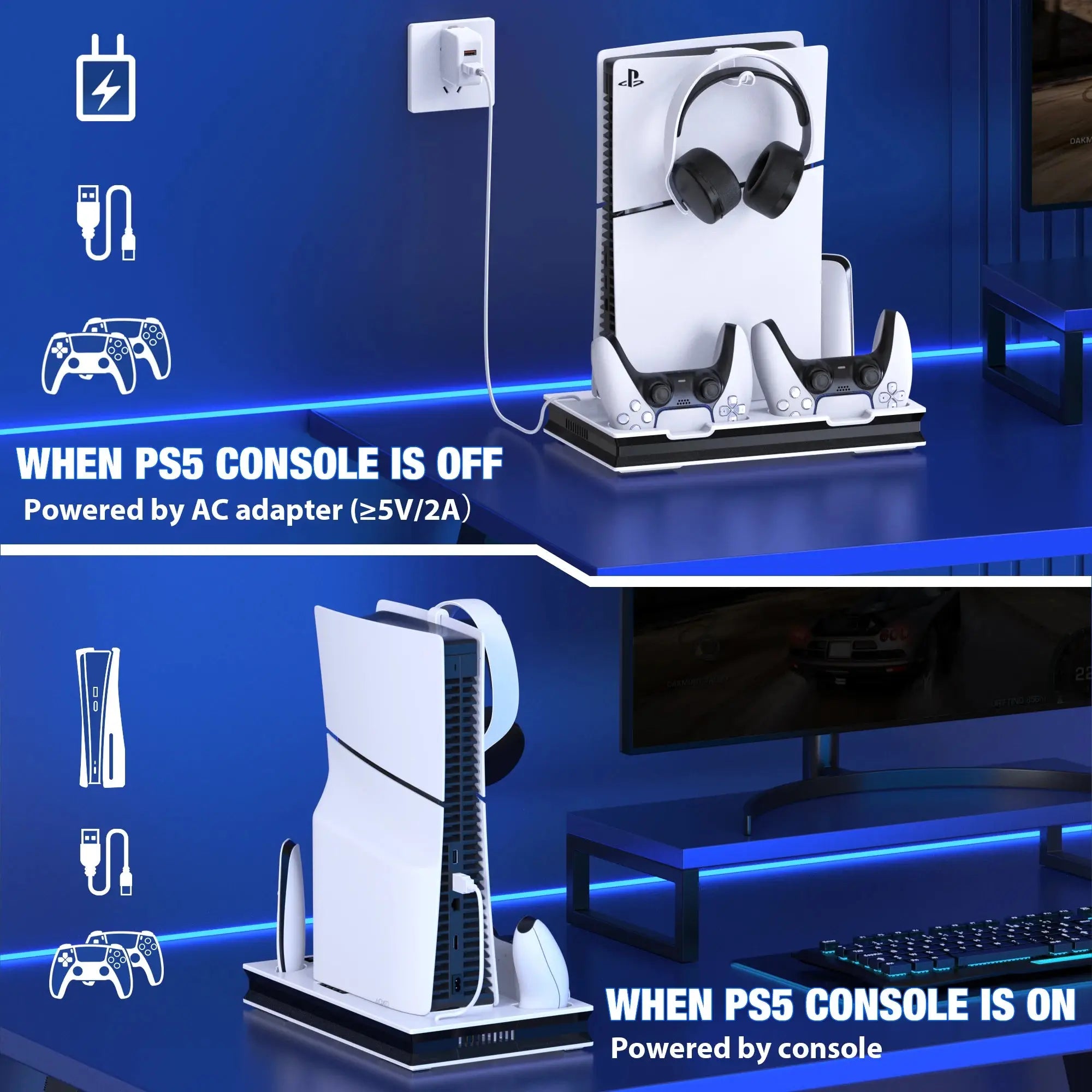 PS5 vertical stand setup showing power options via AC adapter or console, with headset and controller storage for organized gaming space.