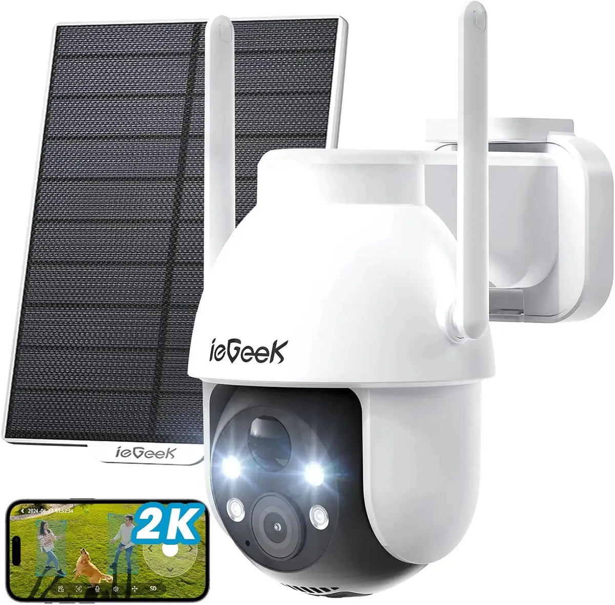 2K 3MP Outdoor Solar Security Camera 360° PTZ with PIR Motion Sensor & Color Night Vision