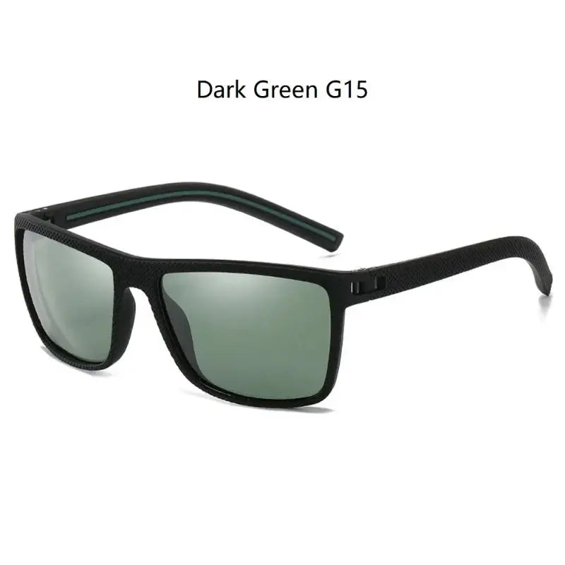 Dark green G15 polarized sunglasses with UV400 protection and square frame, ideal for stylish driving and outdoor adventures.