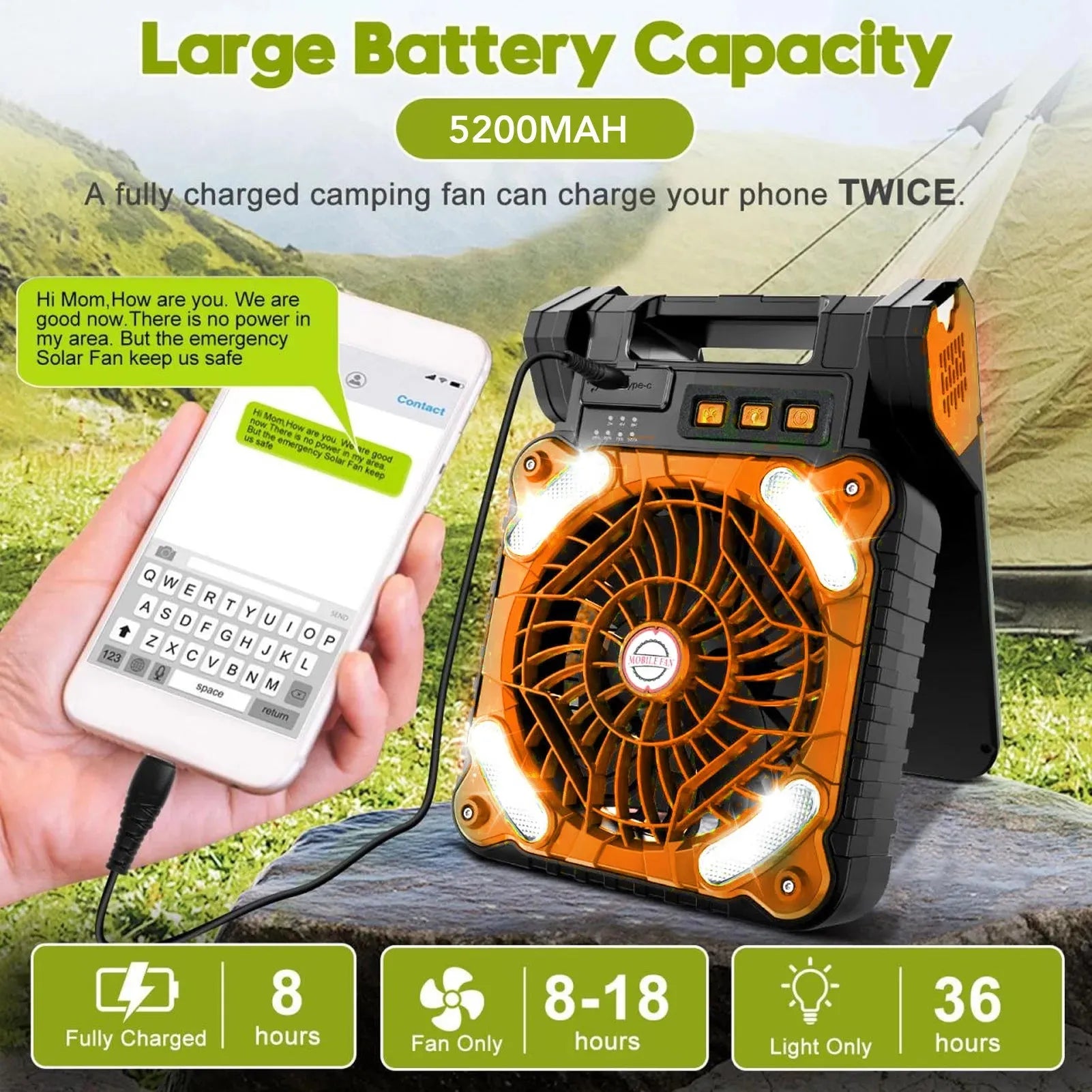 Solar Powered Camping Fan With LED Light And 4 Speed Motor