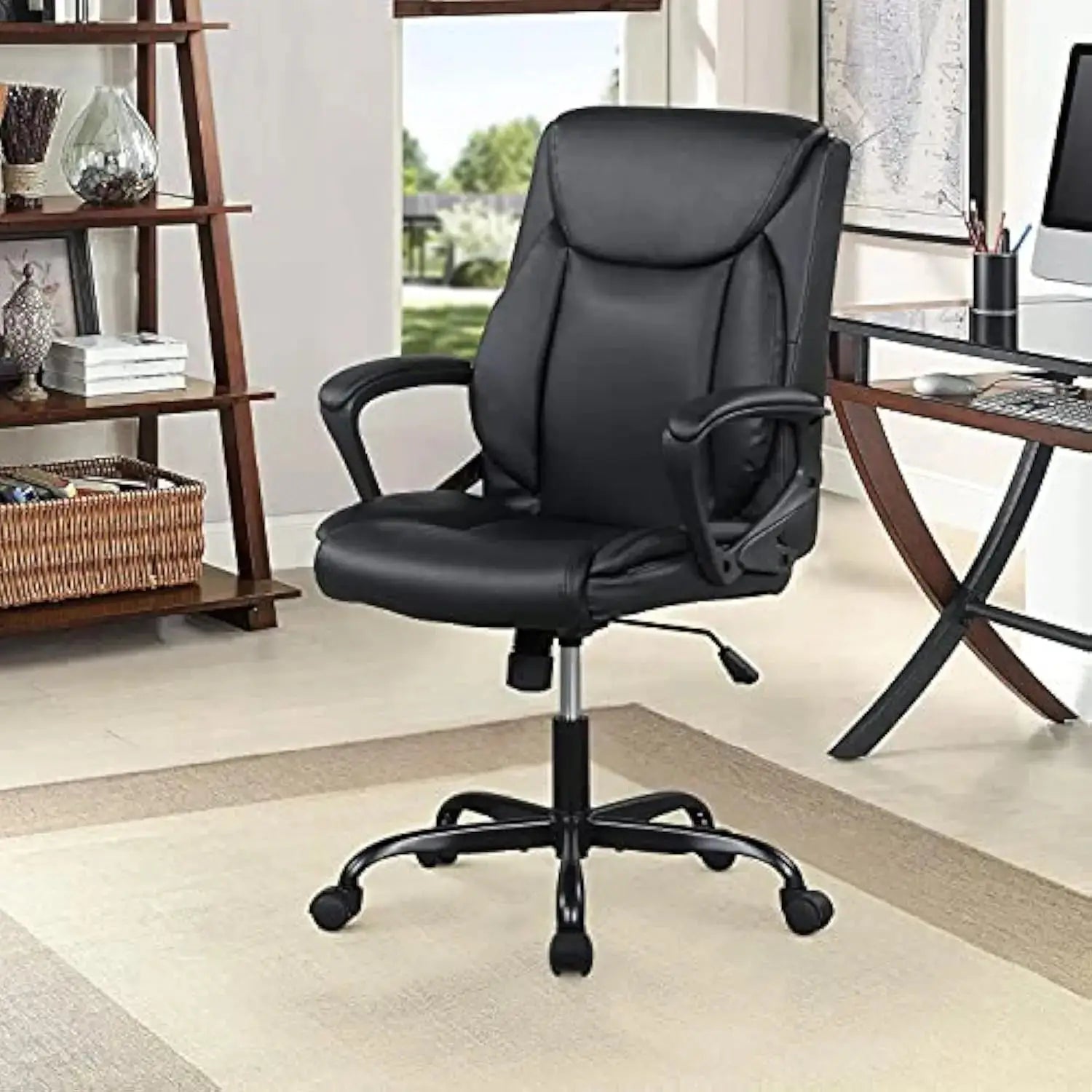 Swivel desk chair with wheels and ergonomic PU leather design placed in a modern home office, perfect for daily work comfort.