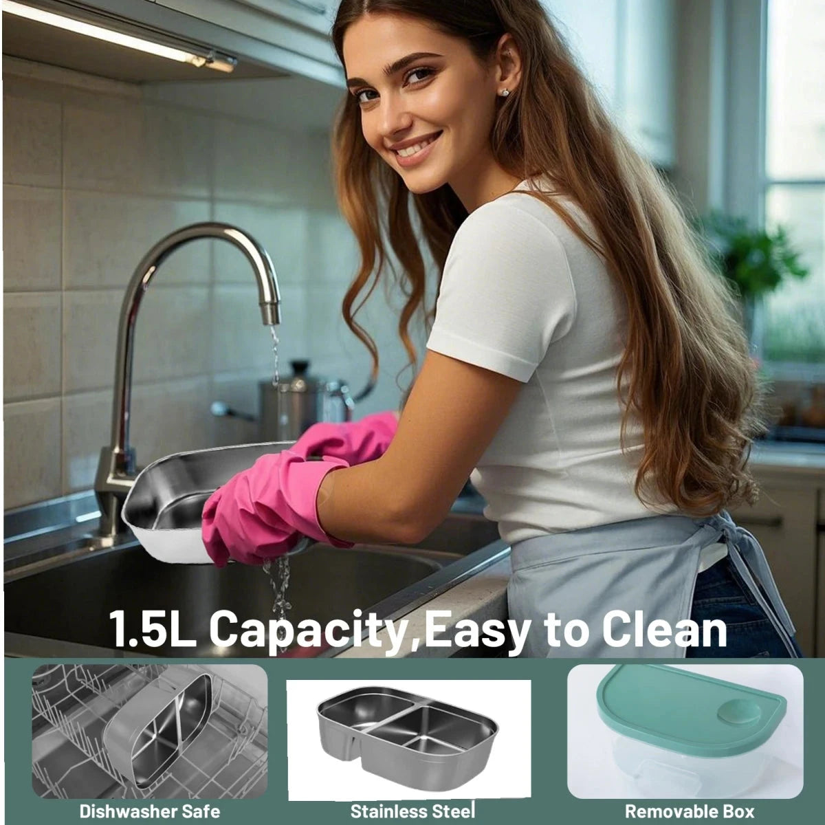 Woman washing 1.5L stainless steel container of electric lunch box, highlighting dishwasher-safe and easy-to-clean features.