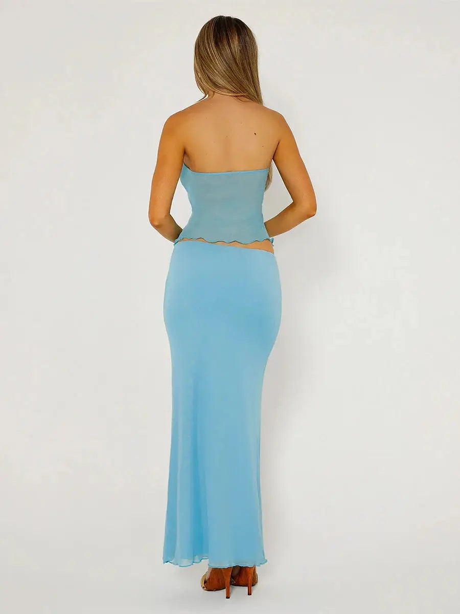2-Piece Women's Outfit, Cutout Bandeau Top with Drawstring and Elastic Pencil Skirt for Streetwear Style
