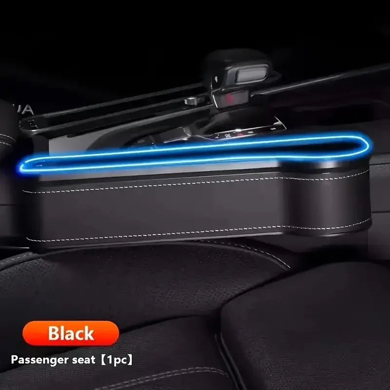 Black universal car seat gap organizer with ambient LED light, designed for passenger seat with sleek stitching and compact storage compartments.