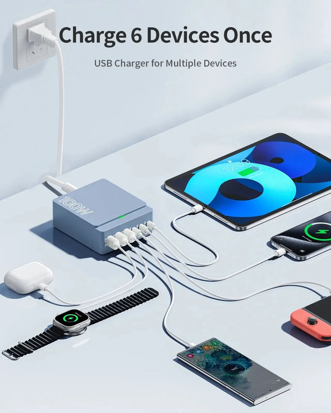 100W 6-Port GaN Fast Charging Hub – PD 3.0 Type-C & USB-A Desktop Charger for Phones, Tablets & Laptops – Compact Blue Charging Station