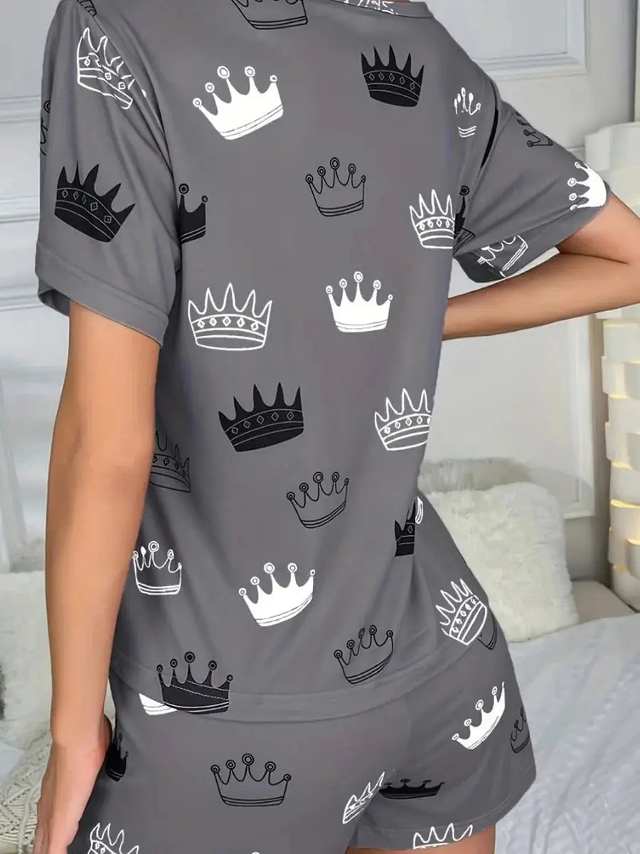 Back view of gray women's 2-piece pajama set with black and white crown print, ideal for sleepwear or casual lounging at home.