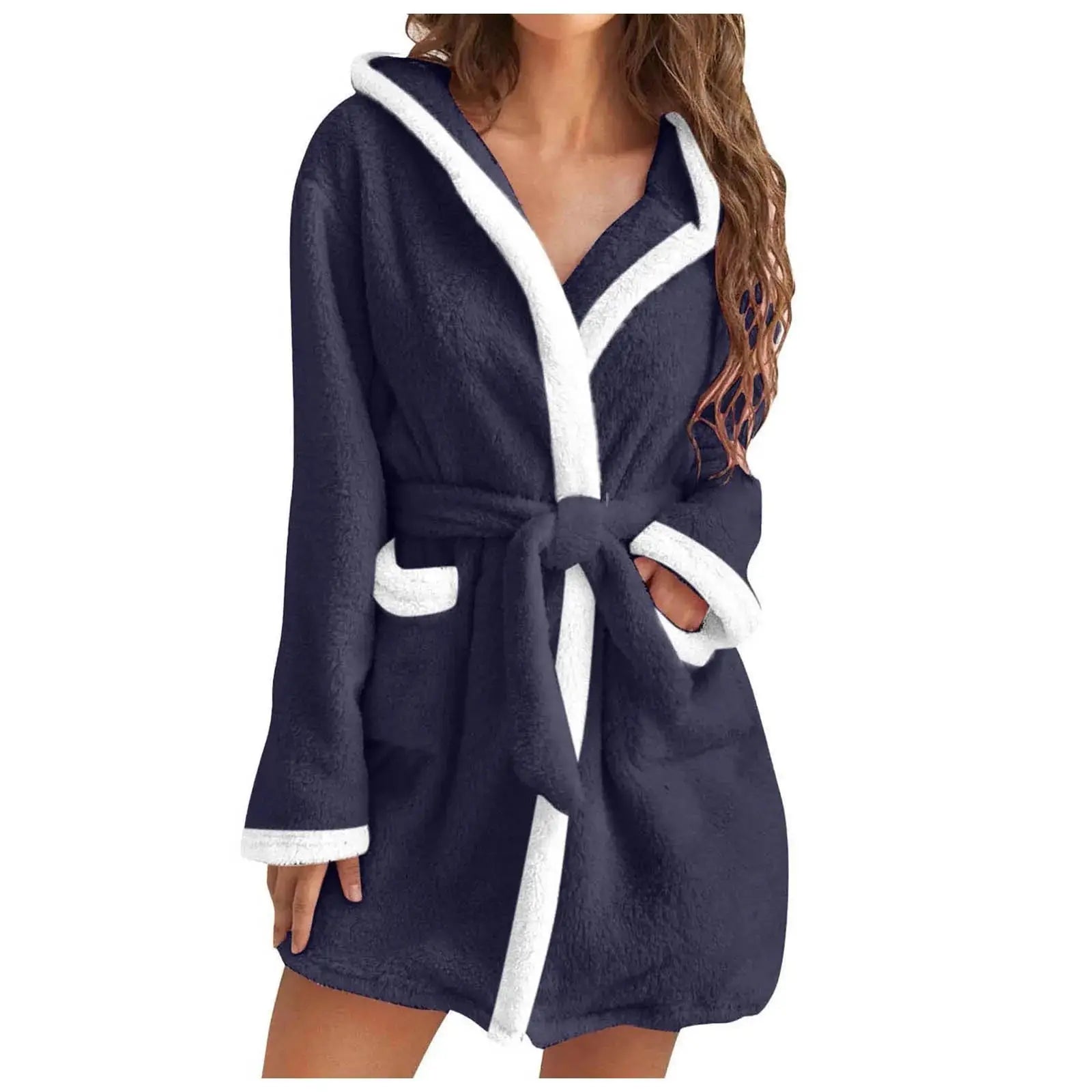 Women's fleece winter robe with hood, soft belted mini bathrobe with side pockets, ideal for lounging or bedtime