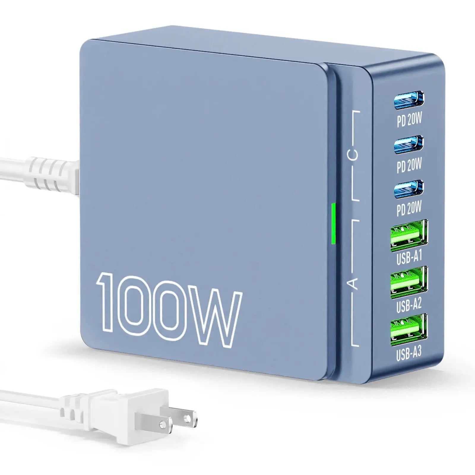 100W 6-Port GaN Fast Charging Hub – PD 3.0 Type-C & USB-A Desktop Charger for Phones, Tablets & Laptops – Compact Blue Charging Station