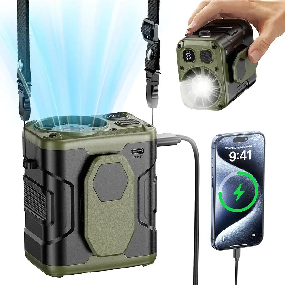 10000mAh Portable Waist Fan with Power Bank – 5-Speed Hanging Neck Cooling Fan with LED Light for Outdoor Work