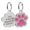 Pink glitter paw print pet tag with rhinestones and details