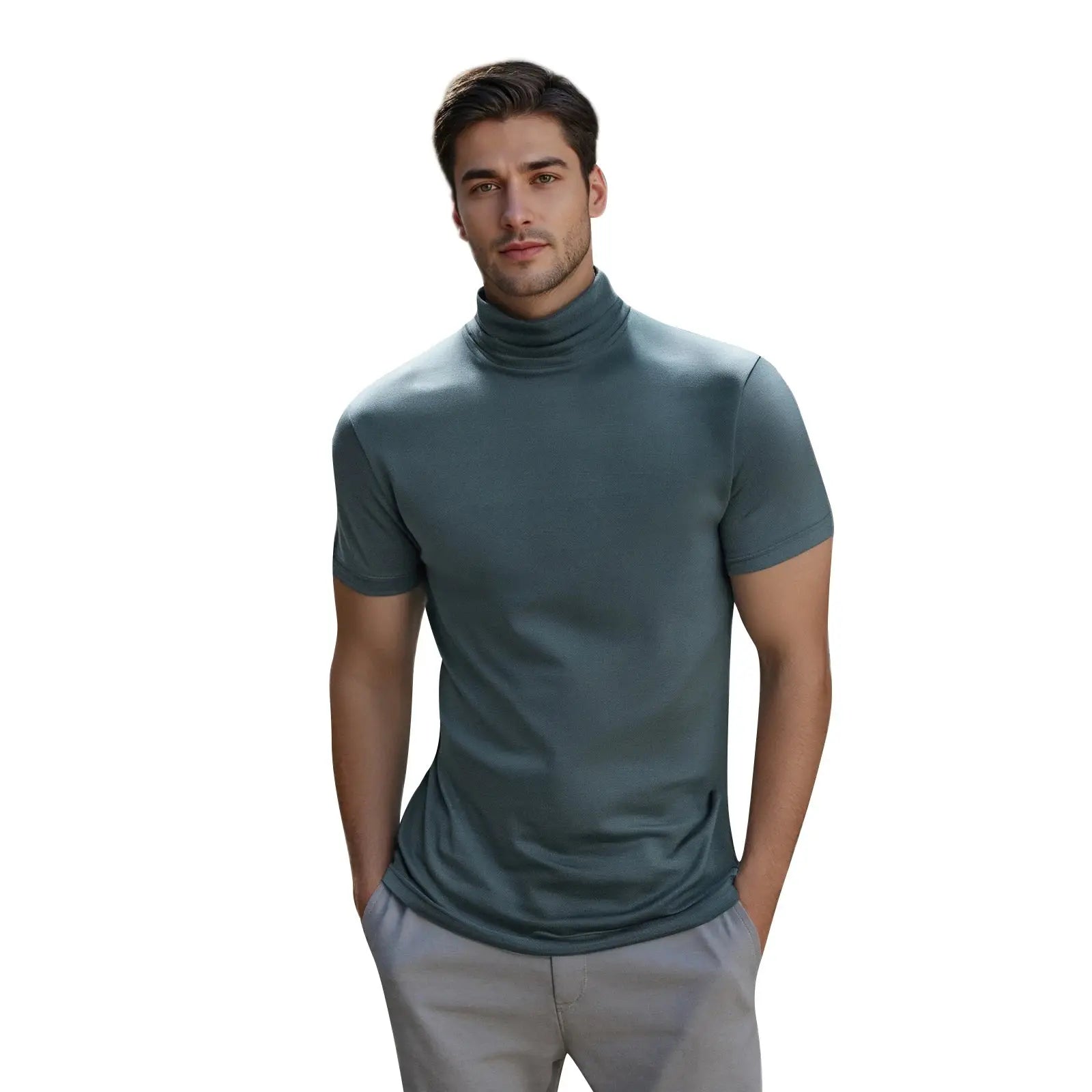 Men’s Casual High-Neck T-Shirt – Solid Color Short Sleeve Basic Tee for Summer Everyday Wear