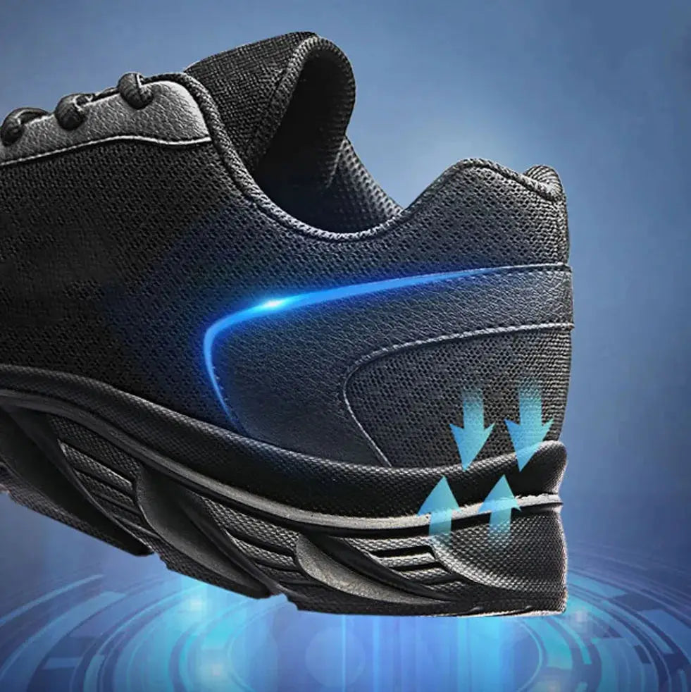 Close-up of men's black leather sneakers showing breathable mesh and shock-absorbing heel, ideal for summer comfort.