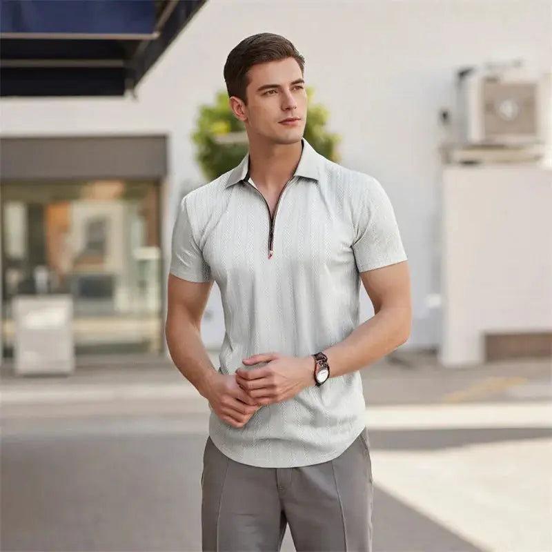 Men’s Jacquard Zip Polo Shirt – Short Sleeve Turn-Down Collar Top for Stylish Summer Casual Looks