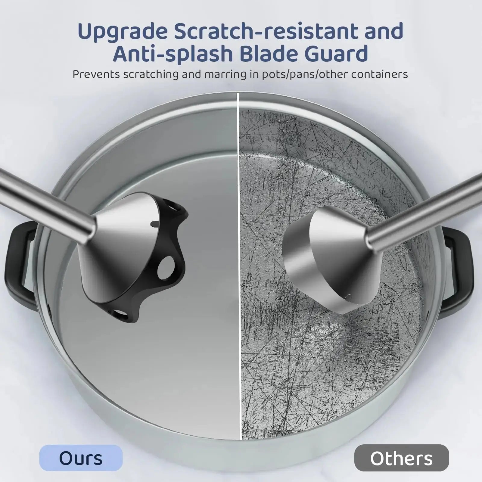 Scratch-resistant and anti-splash blade guard of 1000W handheld immersion blender shown protecting cookware surfaces from damage.