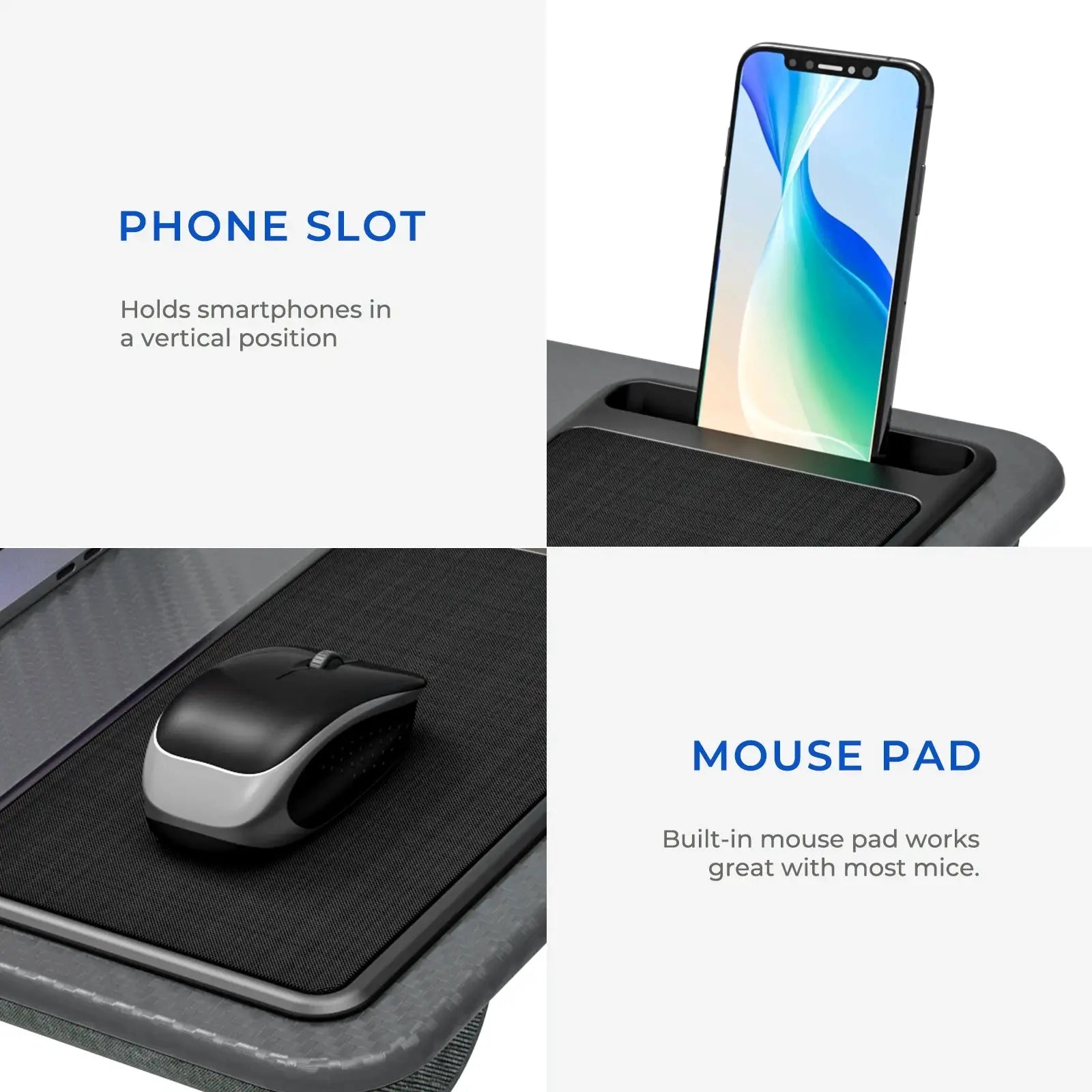 Lap Desk with Mouse Pad & Phone Holder – Portable & Lightweight for Bed, Couch, Travel – 21.1"x12", Anti-Slip Strip