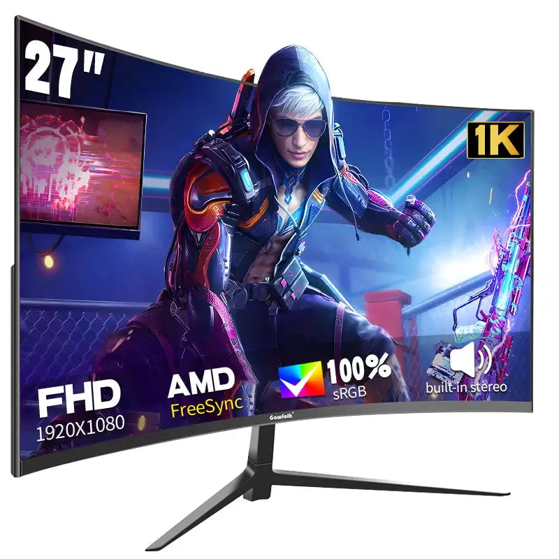 27-inch curved monitor with Full HD 1920x1080 resolution, AMD FreeSync, built-in speakers, and 100Hz refresh rate for immersive gaming.