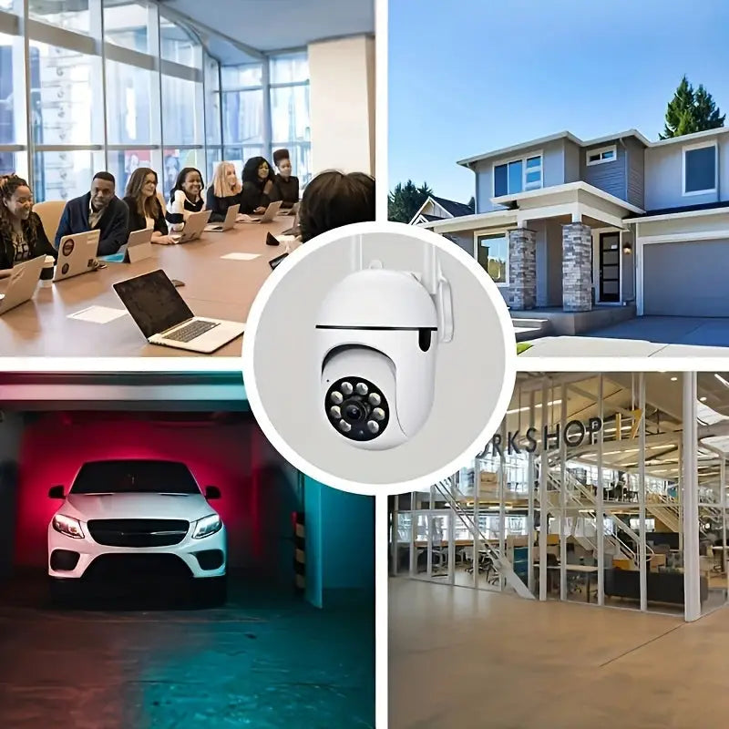 WiFi Security Camera 1080P HD used in various locations including office, garage, home, and workshop, showcasing its versatility for indoor and outdoor use.