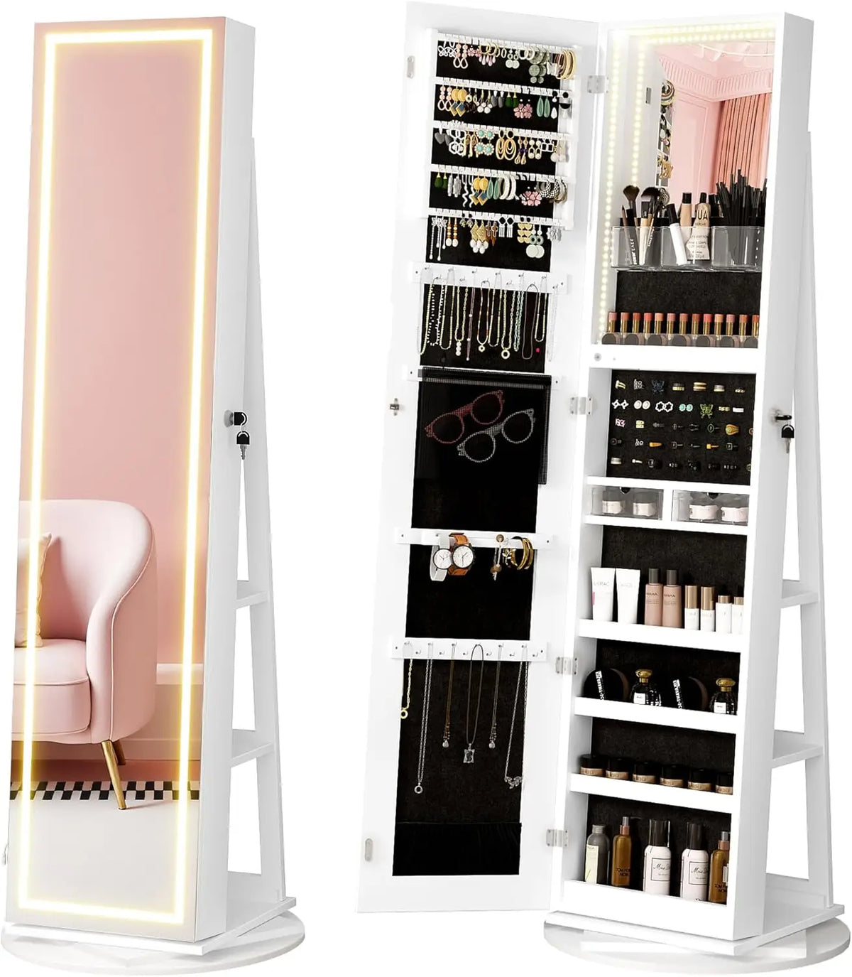 Standing jewelry cabinet with mirror