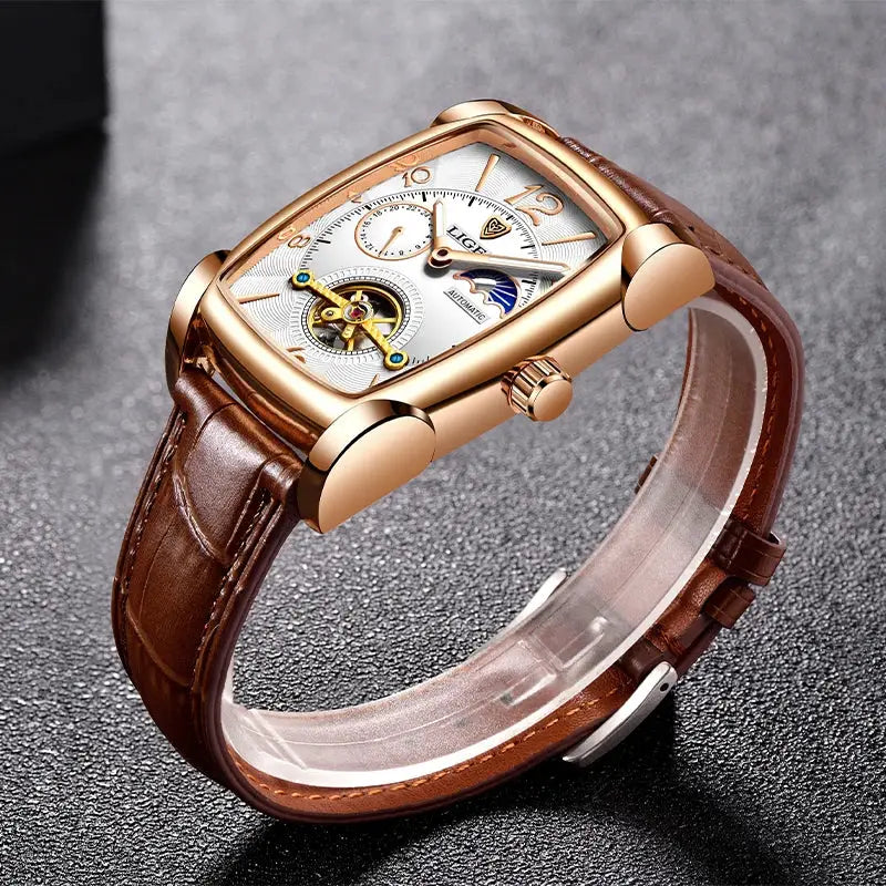 Men's Mechanical Leather Watch – Luxury Square Design with Tourbillon & Business Sport Style
