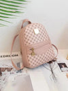 Pink brown plaid print shoulder backpack with gold accents