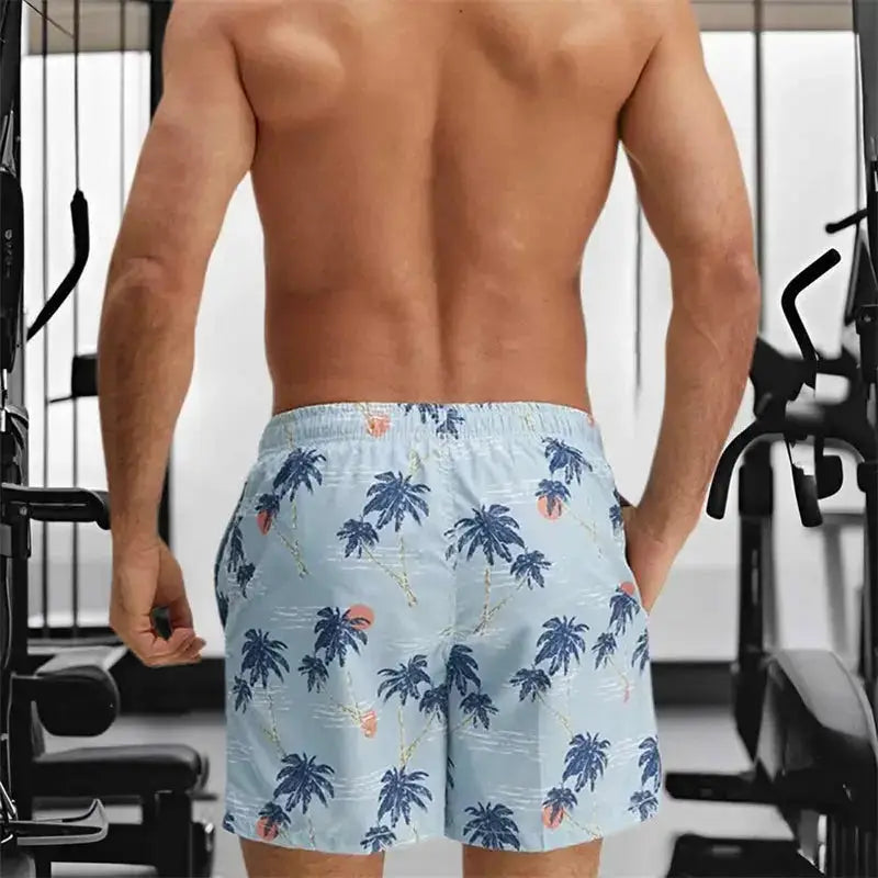 Men’s Quick-Dry Swim Trunks Tropical Palm Print Beach Shorts with Elastic Waist & Drawstring