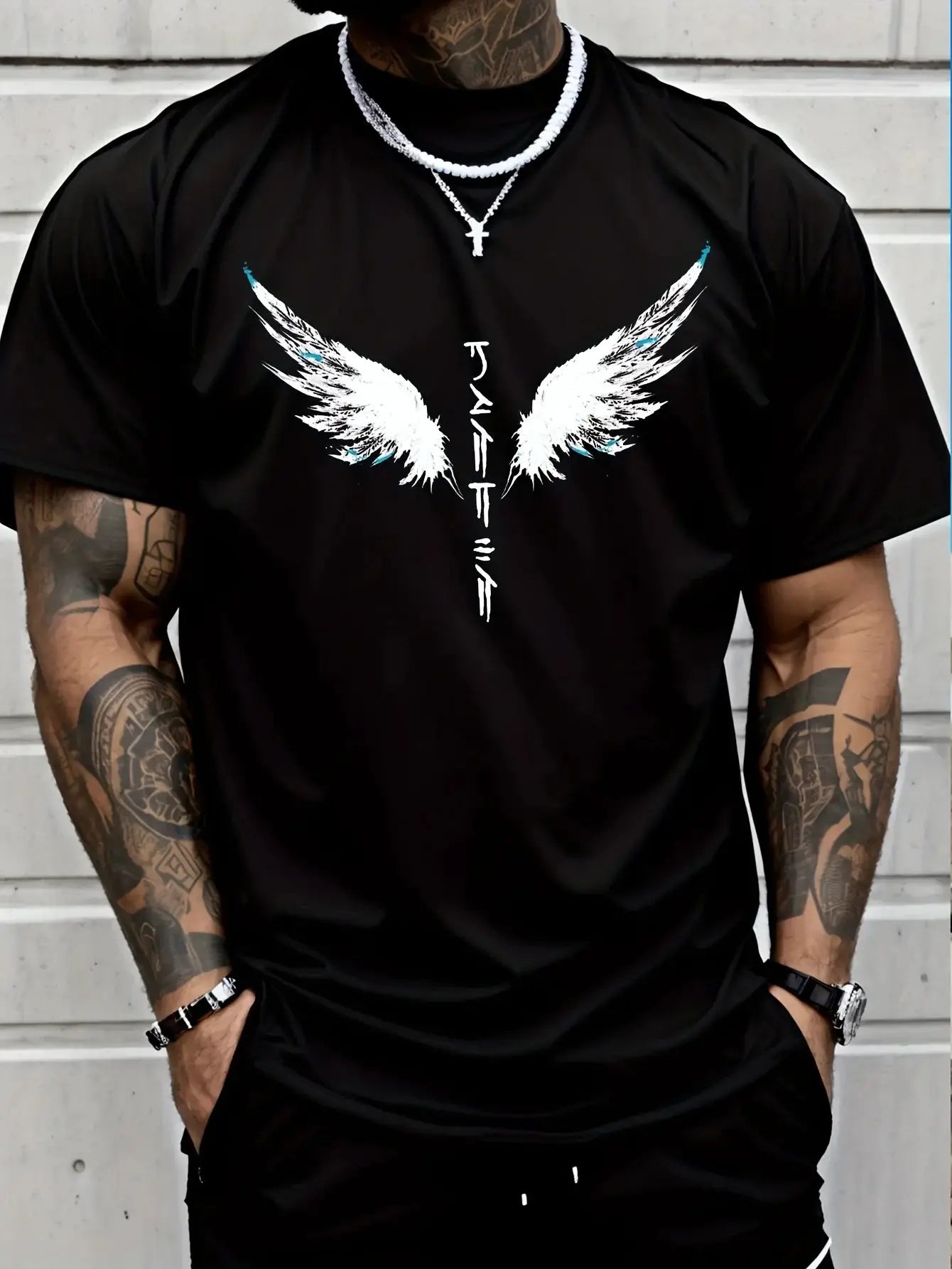 Mens Graphic T-Shirt Angel Wings Print & Japanese Calligraphy Black White Crewneck