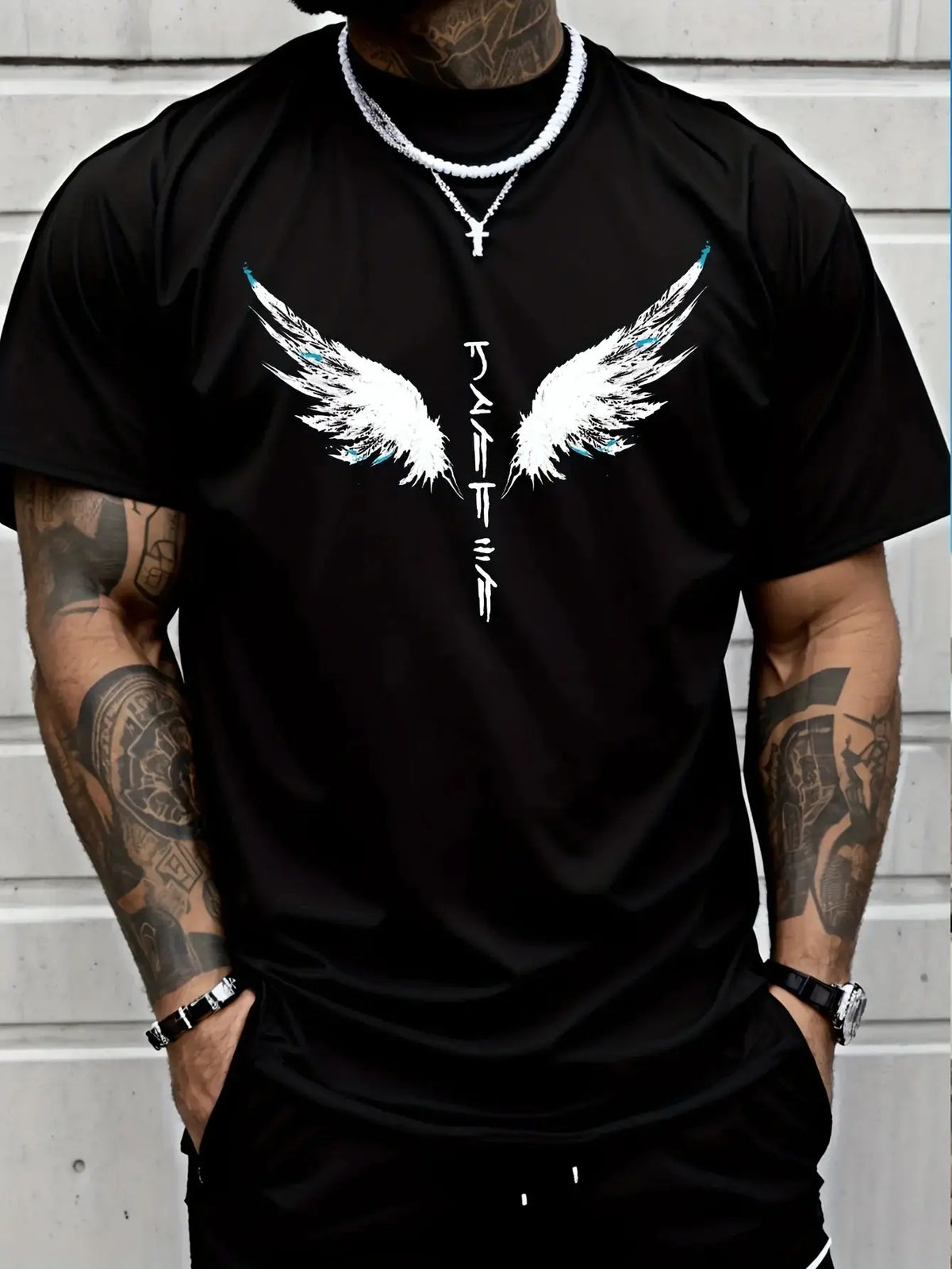 Mens Graphic T-Shirt Angel Wings Print & Japanese Calligraphy Black White Crewneck