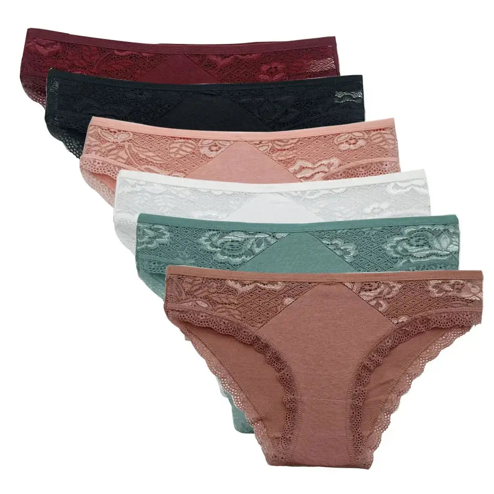 5-pack women's lace low-rise cotton panties in assorted colors including black, white, green, and rose red, designed for daily comfort and breathability.