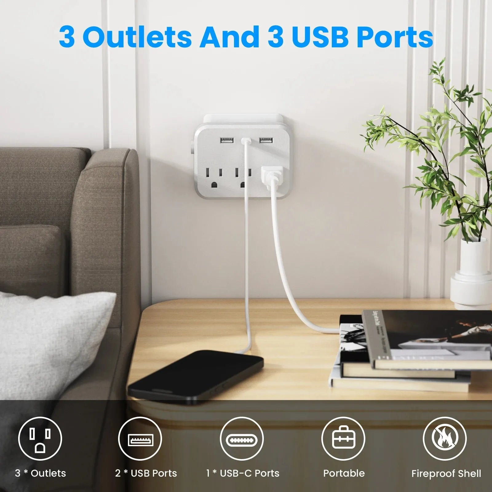 Mini 6 in 1 Power Strip with Surge Protection and USB Ports