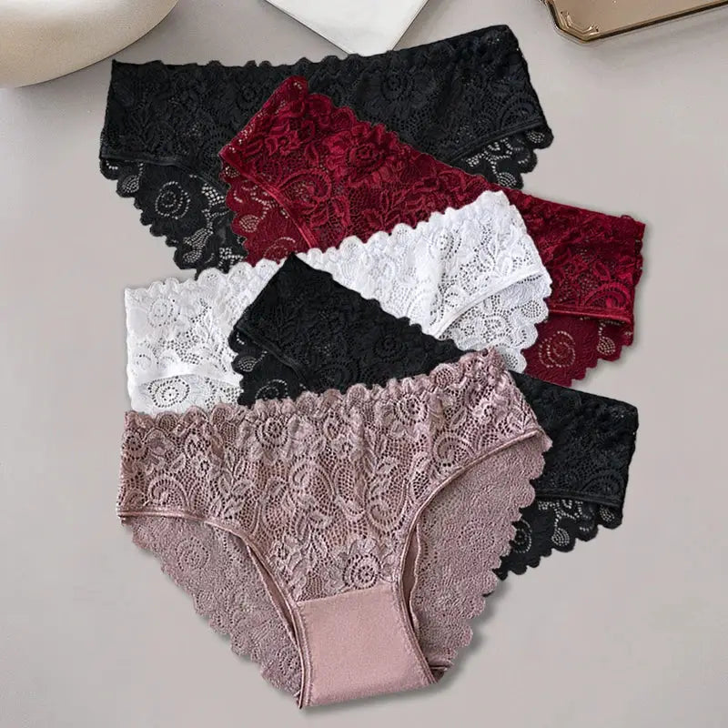 5-Pack Women's Lace Cotton Panties Floral Embroidered Briefs with Hollow-Out Design