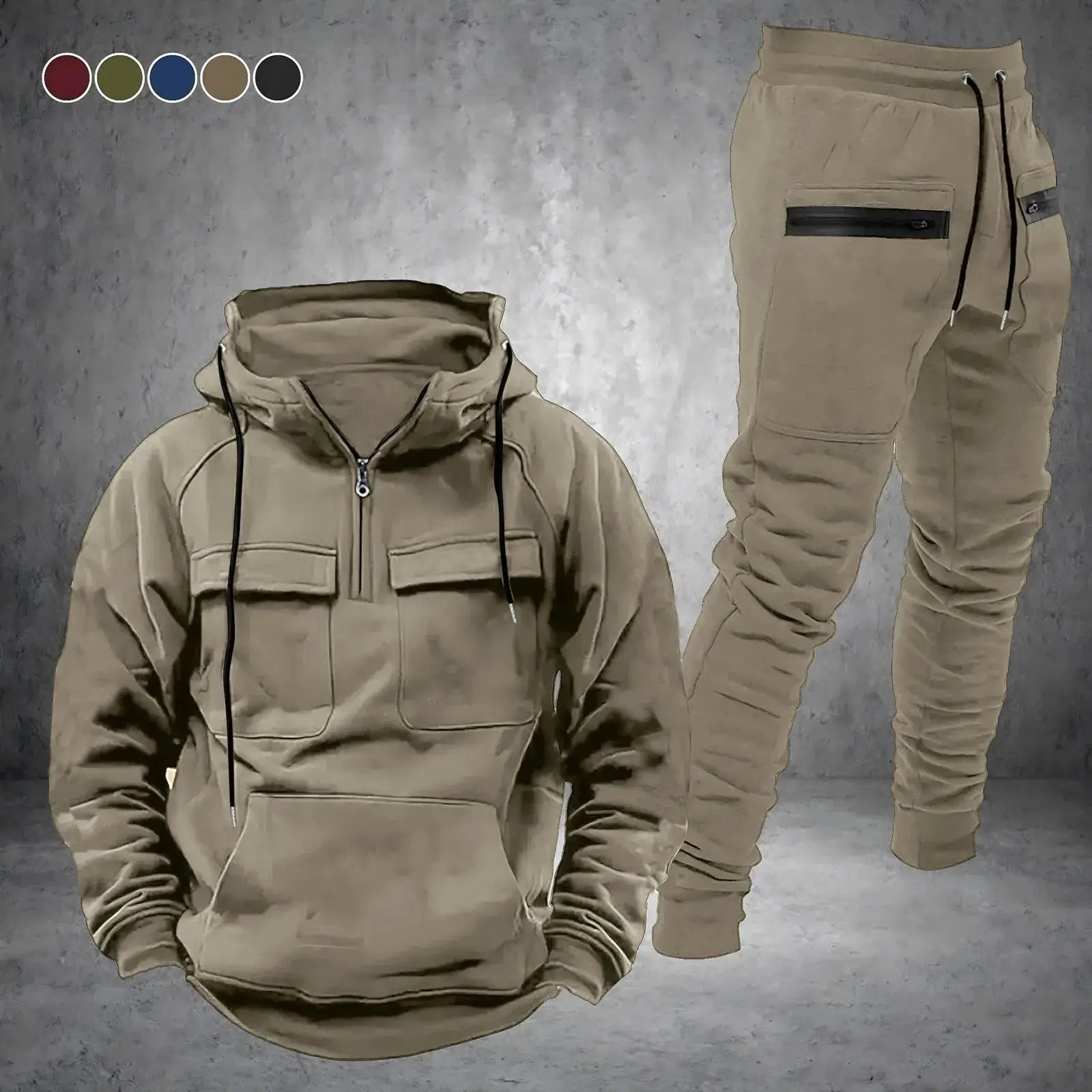 Beige men’s 2-piece tracksuit with half-zip hoodie and drawstring pants, presented with color options for versatile casual or workout wear.