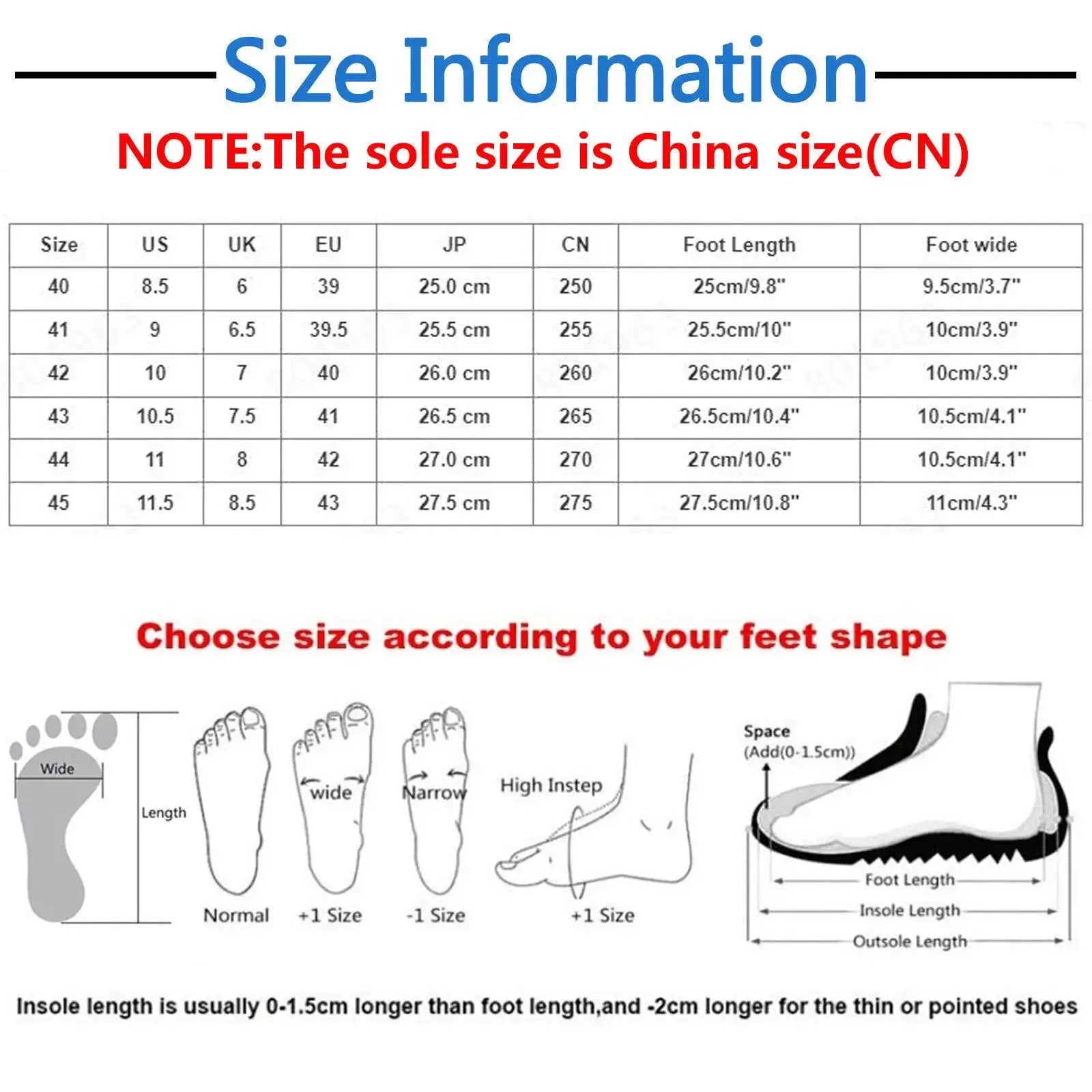 Size chart for men's leather sneakers with foot length guide and China size conversion for accurate summer shoe fitting.