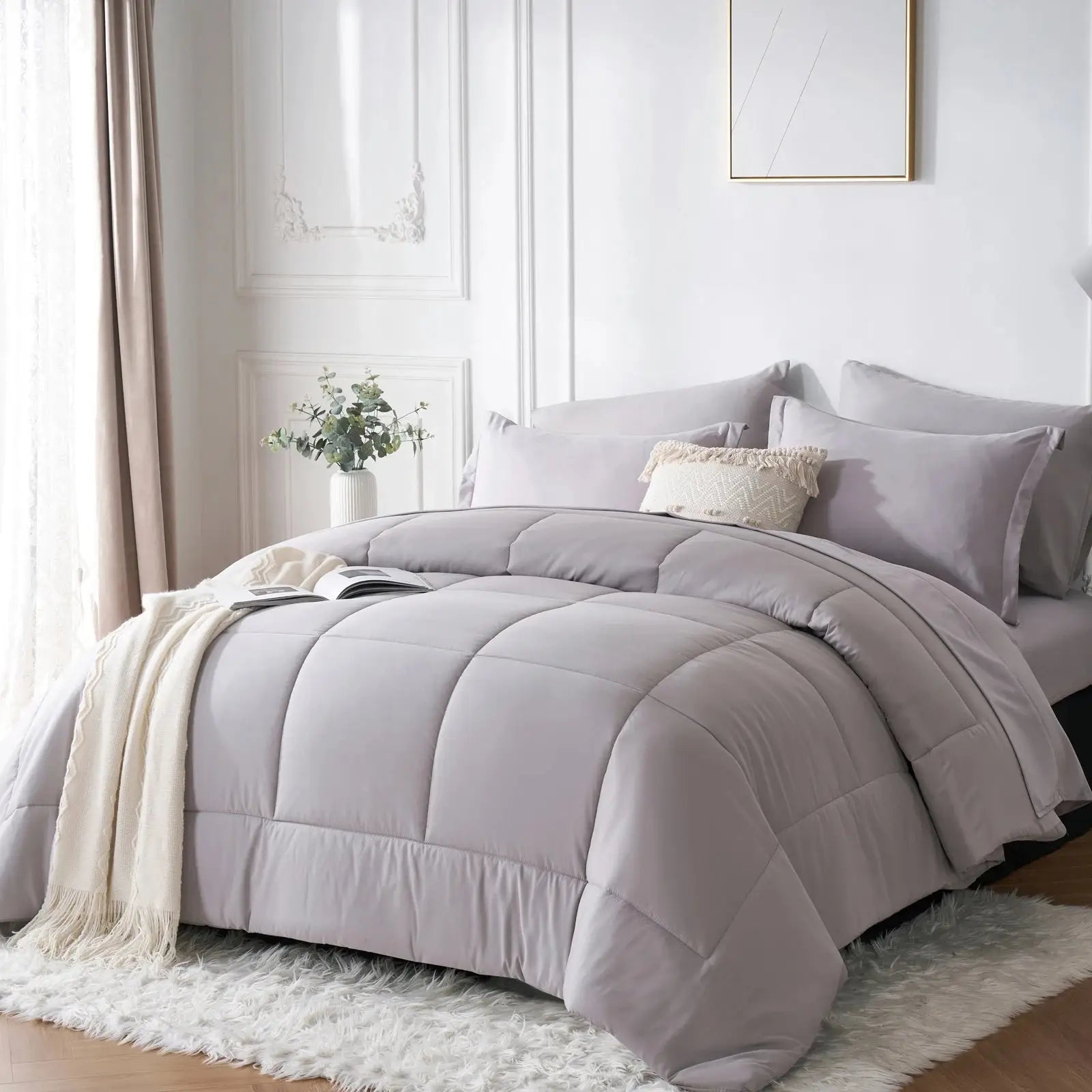 7-piece Queen bed-in-a-bag set with solid geometric comforter, sheets and pillowcases included