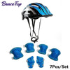 Blue helmet and pads set for kids skating protection.