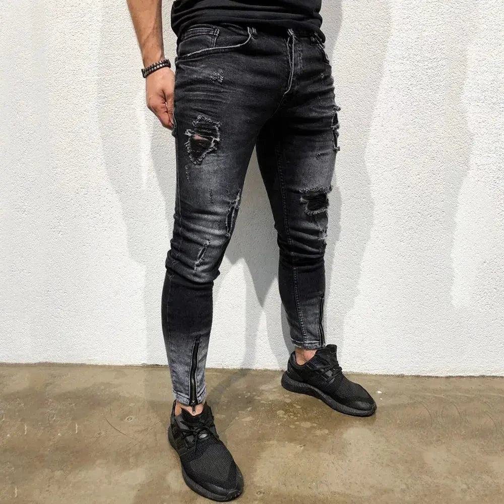 Men’s skinny stretch jeans, slim fit distressed denim pants with frayed details and modern tapered cut