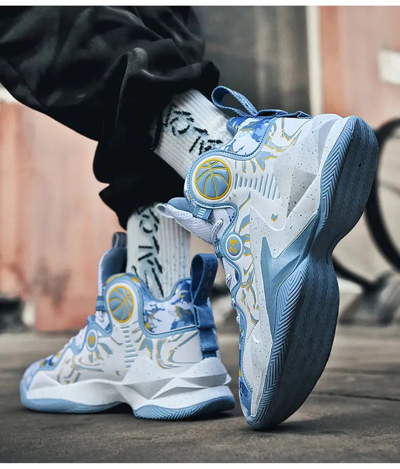 Outdoor action shot of men's breathable basketball shoes in blue graffiti design, emphasizing grip and comfort during movement.