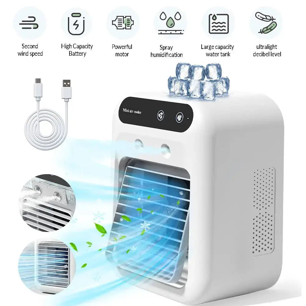 Mini Air Cooler Fan – 2-Speed USB Rechargeable Mist Humidifier with 500ml Water Tank & 1800mAh Battery for Home, Office & Dorm