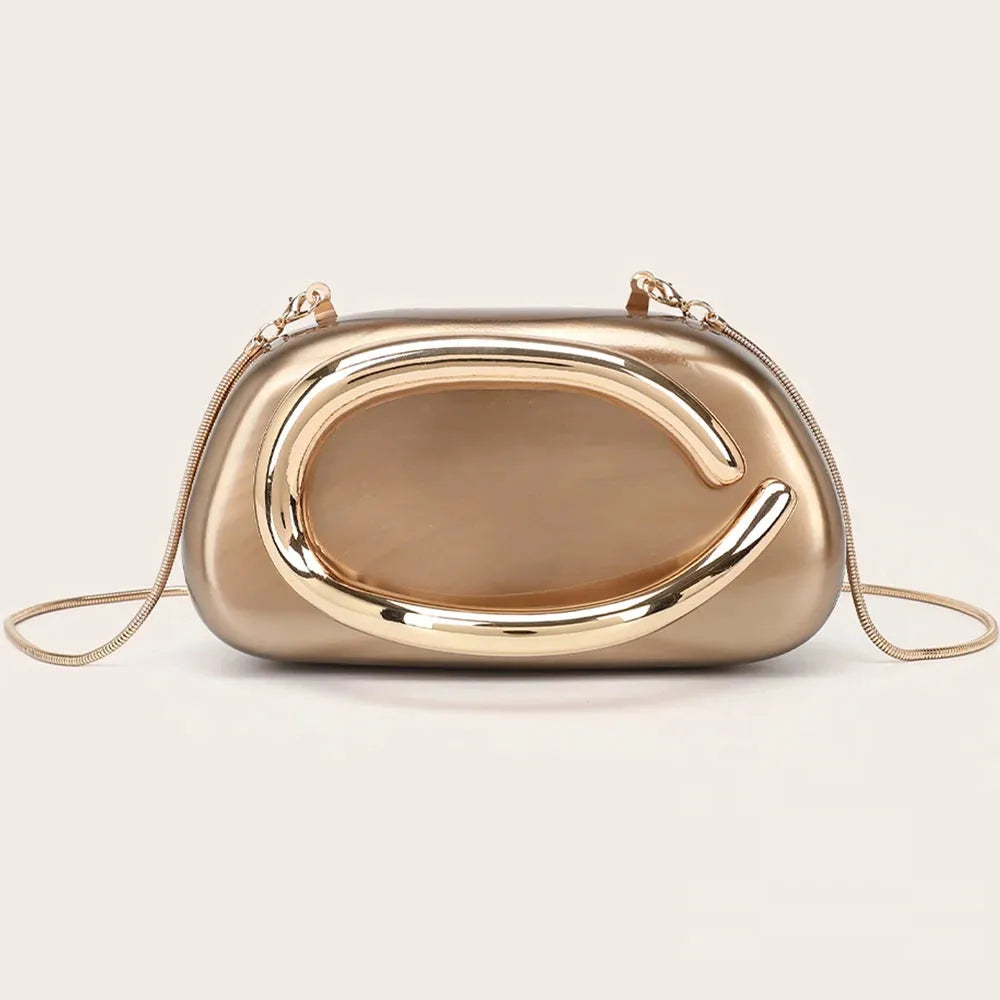 Gold Metal Clutch Bag With Chain Strap For Evening Events