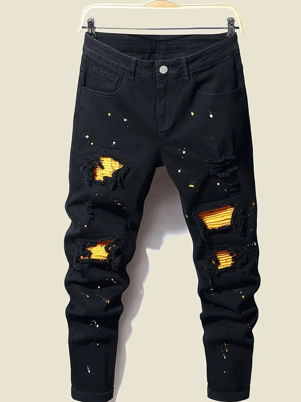 Men’s Splash-Ink Patchwork Jeans – Artistic Streetwear Denim with Unique Paint Effect & Panel Stitching