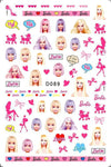 Barbie themed nail stickers with pink and purple designs