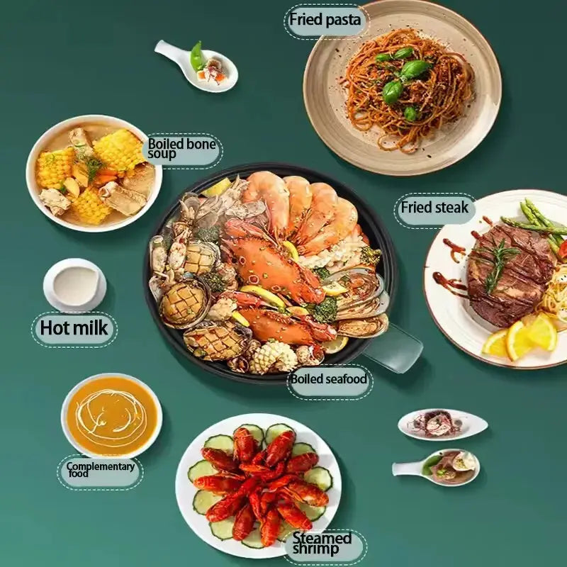 Versatile 1.5L electric cooking pot displayed with various dishes like seafood, steak, and pasta, showcasing its multifunctional cooking capabilities.