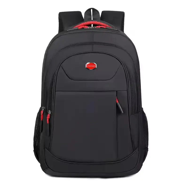 Black men’s waterproof Oxford backpack with red zipper accents, ideal for school, business, or travel use.